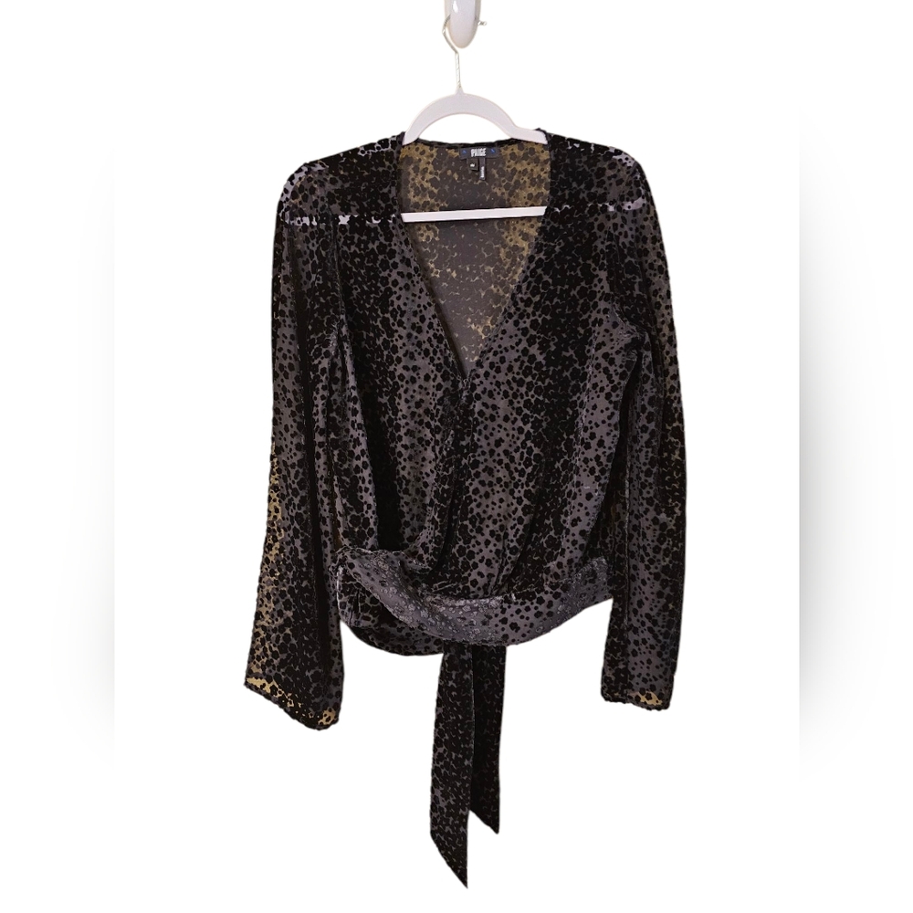 Paige Black Velvet Lepard Print Wrap Top. Medium